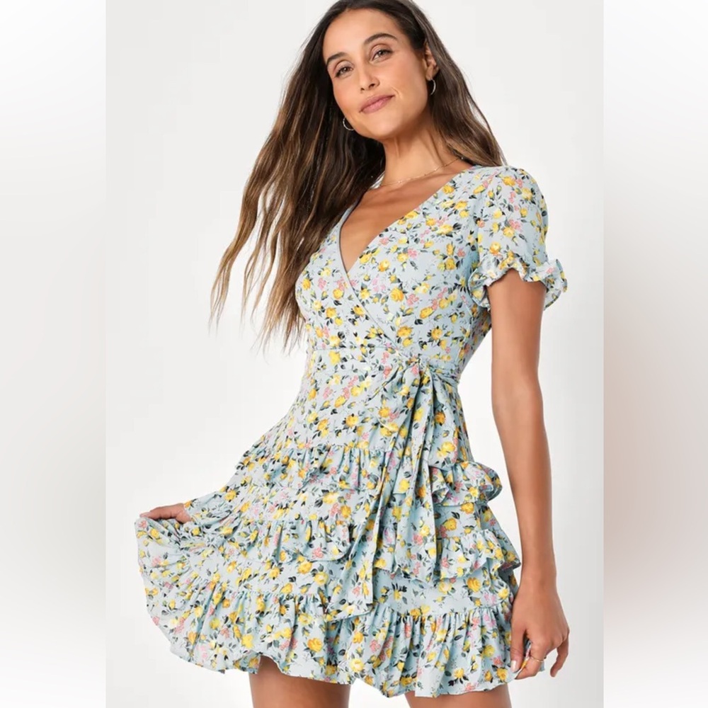 Lulus Feeling Butterflies Light Blue Floral Tiered Ruffle Mini Dress